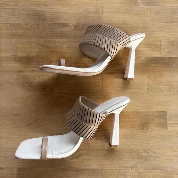 Deltan Kelsea White Tan Leather Braided Slip On Heeled Summer Sandals Size 8.5M - Picture 2 of 11